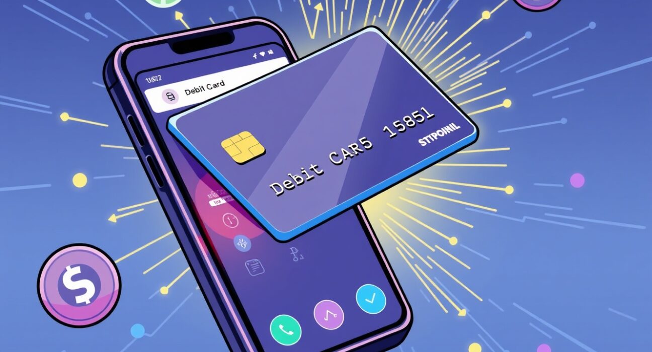 A cartoon illustration of the WLFI DeFi project debit card and app launching, symbolizing simplified digital payments.