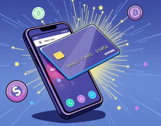 A cartoon illustration of the WLFI DeFi project debit card and app launching, symbolizing simplified digital payments.