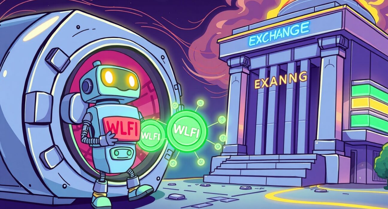 WLFI deployer transferring digital tokens to Binance exchange in a vibrant cartoon illustration