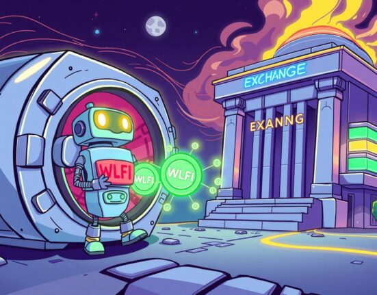 WLFI deployer transferring digital tokens to Binance exchange in a vibrant cartoon illustration