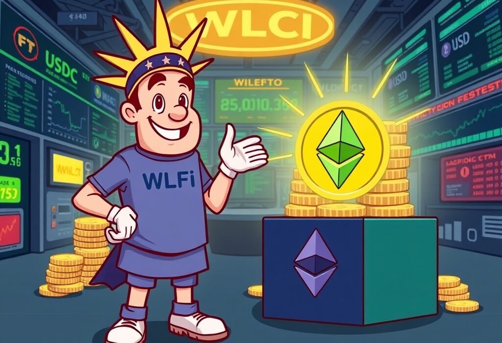 Cartoon illustration of WLFI's significant WLFI ETH purchase, showing a large sum of USDC being exchanged for Ethereum.