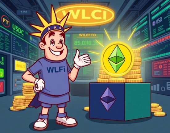 Cartoon illustration of WLFI's significant WLFI ETH purchase, showing a large sum of USDC being exchanged for Ethereum.