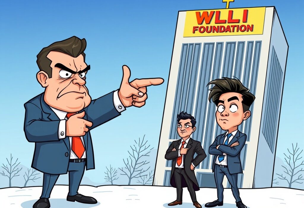 A cartoon illustration depicting CryptoQuant CEO supporting Justin Sun against the WLFI Foundation's controversial asset freeze, highlighting the dispute.