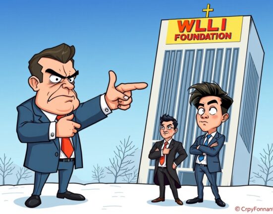 A cartoon illustration depicting CryptoQuant CEO supporting Justin Sun against the WLFI Foundation's controversial asset freeze, highlighting the dispute.