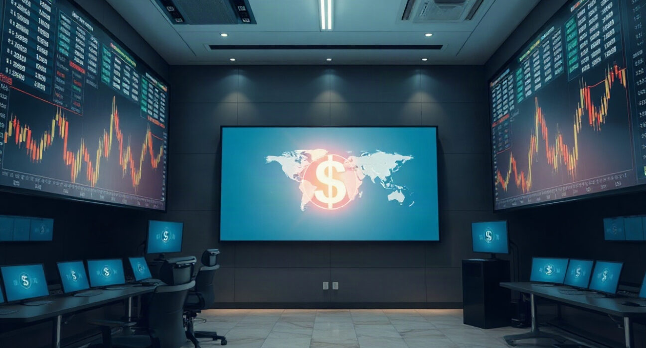 Digital trading screens displaying global market charts in a modern financial setting