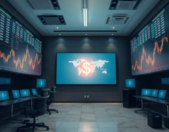 Digital trading screens displaying global market charts in a modern financial setting