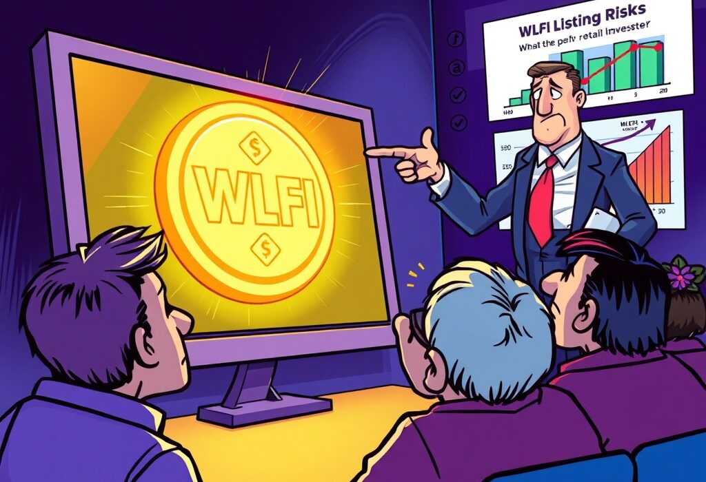 A cartoon illustration showing worried retail investors considering WLFI listing risks, as a bank warns of potential losses from the Trump-linked DeFi token.