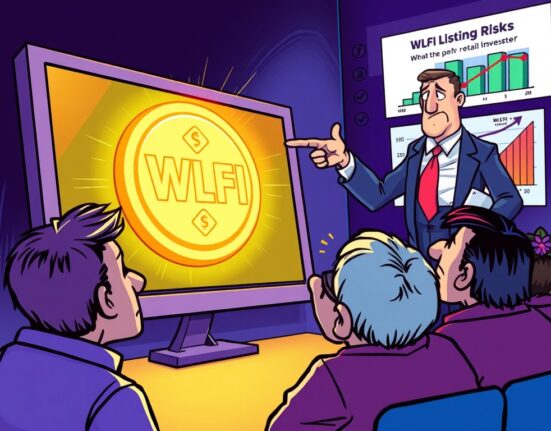 A cartoon illustration showing worried retail investors considering WLFI listing risks, as a bank warns of potential losses from the Trump-linked DeFi token.