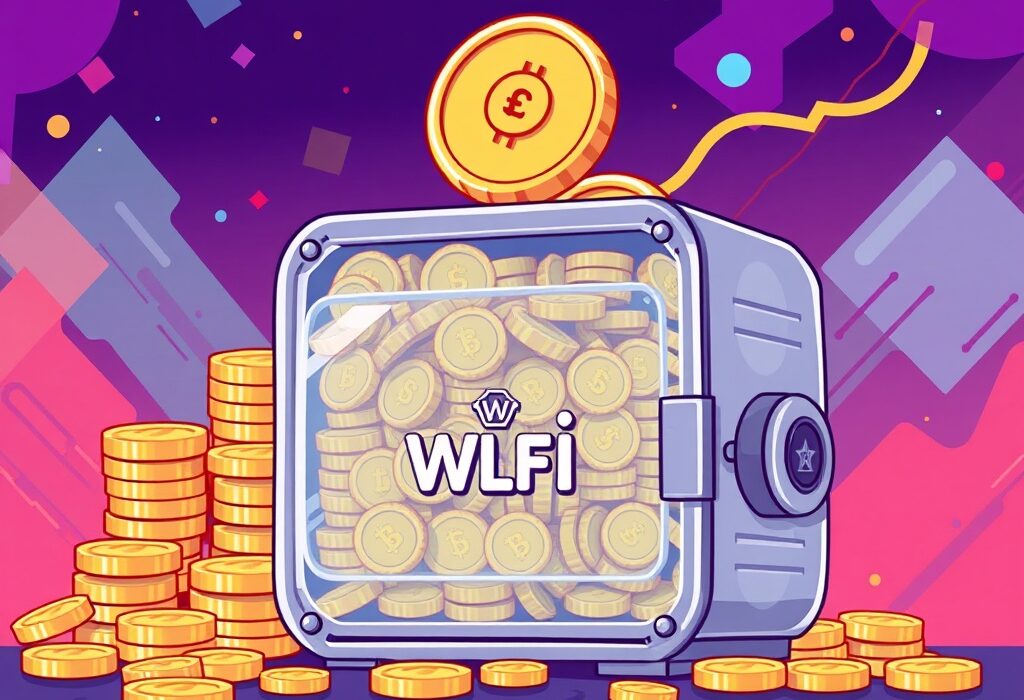 A cartoon illustration depicting a substantial WLFI lock-up in a secure digital vault, symbolizing the WorldLibertyFinancial DeFi project's recent deposit.