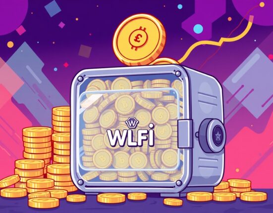 A cartoon illustration depicting a substantial WLFI lock-up in a secure digital vault, symbolizing the WorldLibertyFinancial DeFi project's recent deposit.