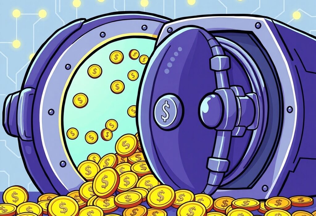 A cartoon illustration depicting the significant WLFI mints USD1 operation, symbolizing the growth of digital treasury assets.