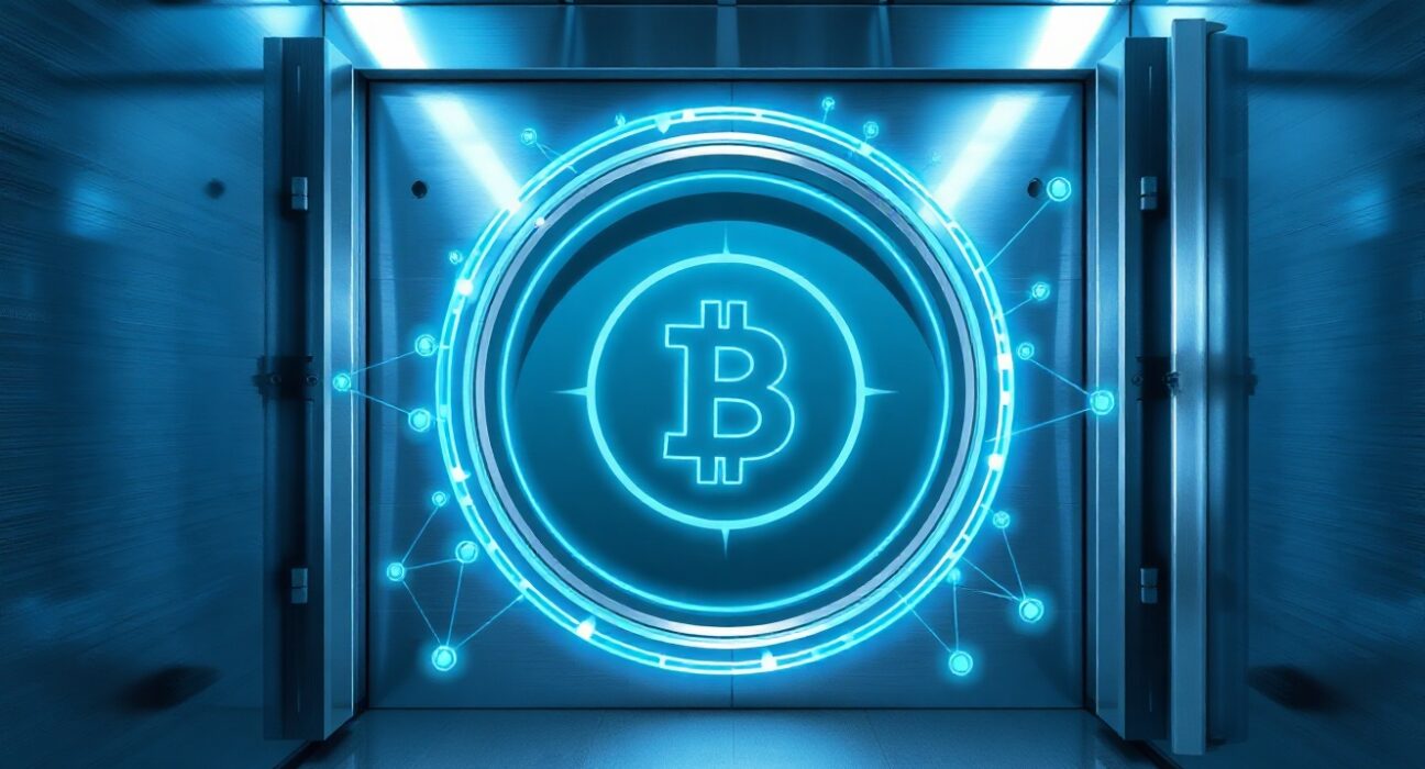Digital representation of USD1 stablecoin in a secure bank vault setting