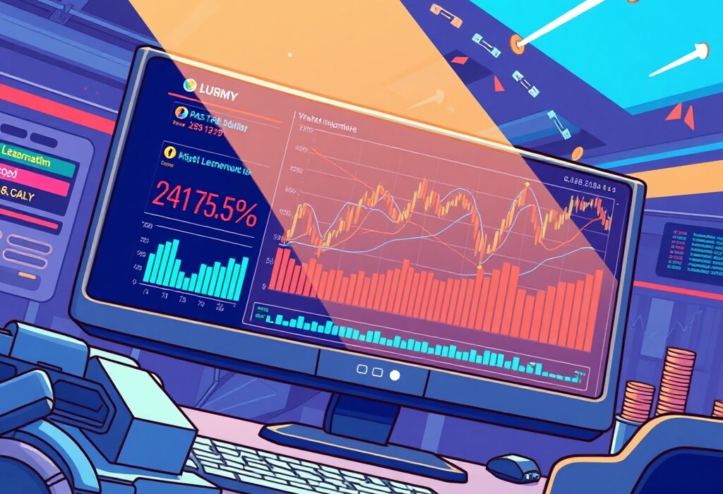 A vibrant cartoon illustration of a digital trading interface displaying charts and indicators for WLFI perpetual futures, symbolizing new market opportunities.