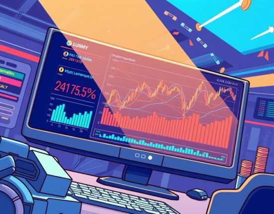 A vibrant cartoon illustration of a digital trading interface displaying charts and indicators for WLFI perpetual futures, symbolizing new market opportunities.