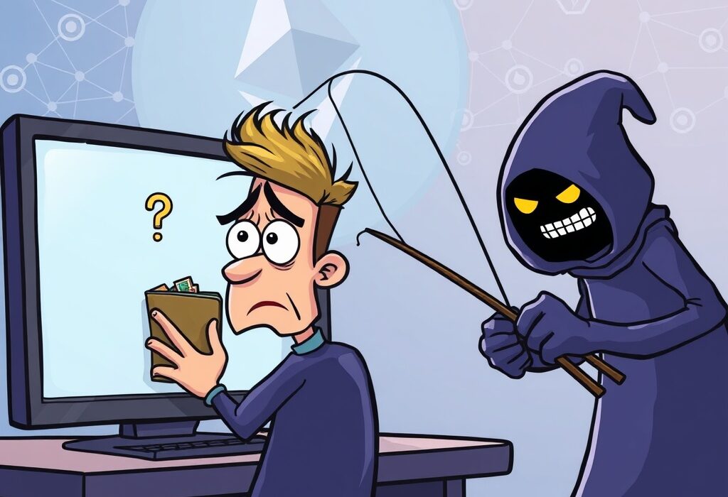 A cartoon showing a crypto holder protecting their wallet from WLFI phishing attacks exploiting an Ethereum upgrade.