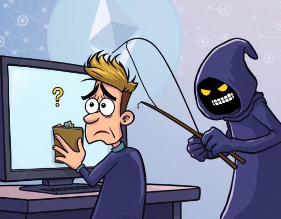 A cartoon showing a crypto holder protecting their wallet from WLFI phishing attacks exploiting an Ethereum upgrade.