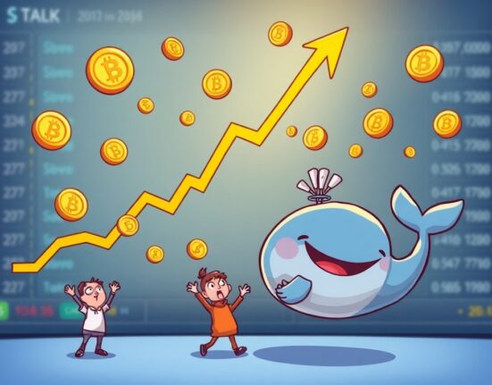 A vibrant cartoon illustrating the remarkable WLFI pre-market surge, showing a chart line skyrocketing and excited traders.