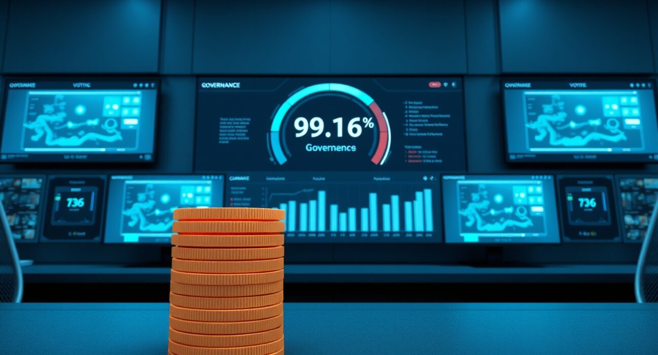 WLFI governance voting dashboard showing 99.16% approval for new staking system with digital token visualization.