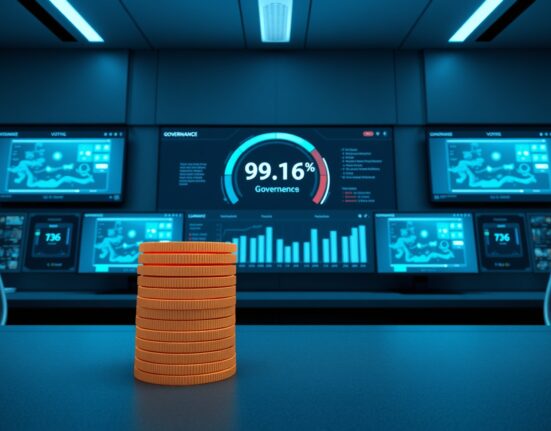 WLFI governance voting dashboard showing 99.16% approval for new staking system with digital token visualization.