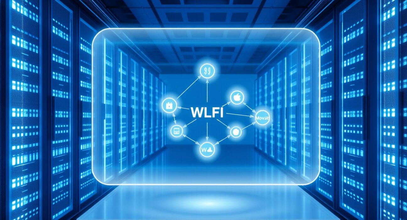 WLFI supernode operator MovaLab network operations center with holographic display showing blockchain nodes