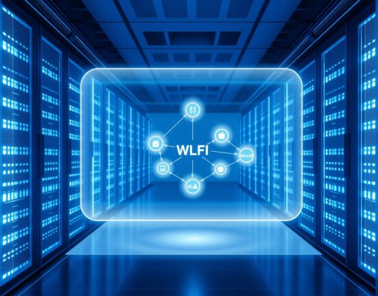 WLFI supernode operator MovaLab network operations center with holographic display showing blockchain nodes