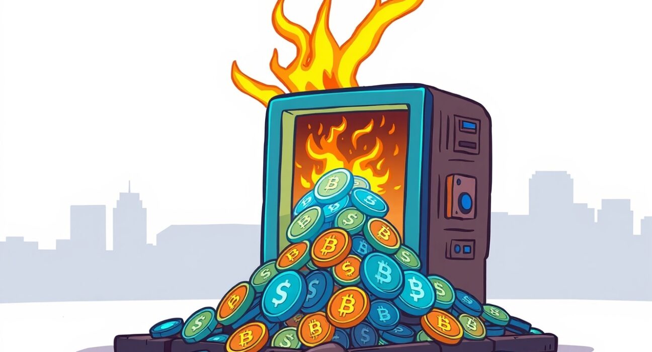 A cartoon illustration of a significant WLFI token burn event, showing tokens being consumed in a digital furnace.