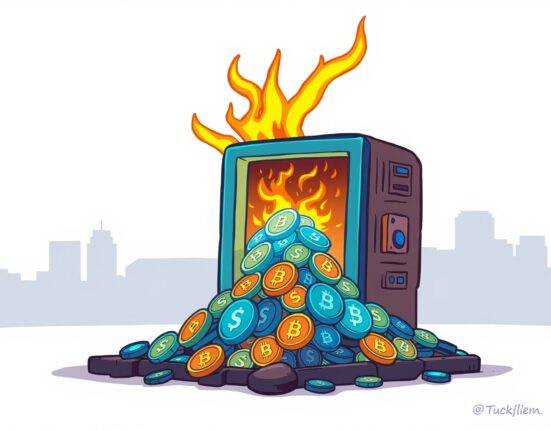 A cartoon illustration of a significant WLFI token burn event, showing tokens being consumed in a digital furnace.