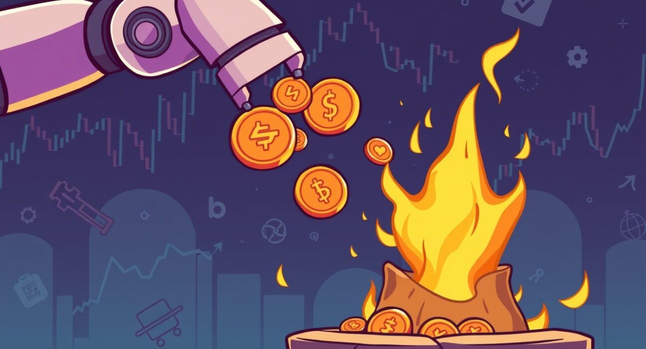 A cartoon illustration showing the process of a WLFI token buyback and burn, symbolizing reduced supply and increased value.