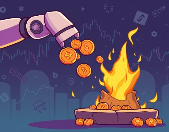 A cartoon illustration showing the process of a WLFI token buyback and burn, symbolizing reduced supply and increased value.