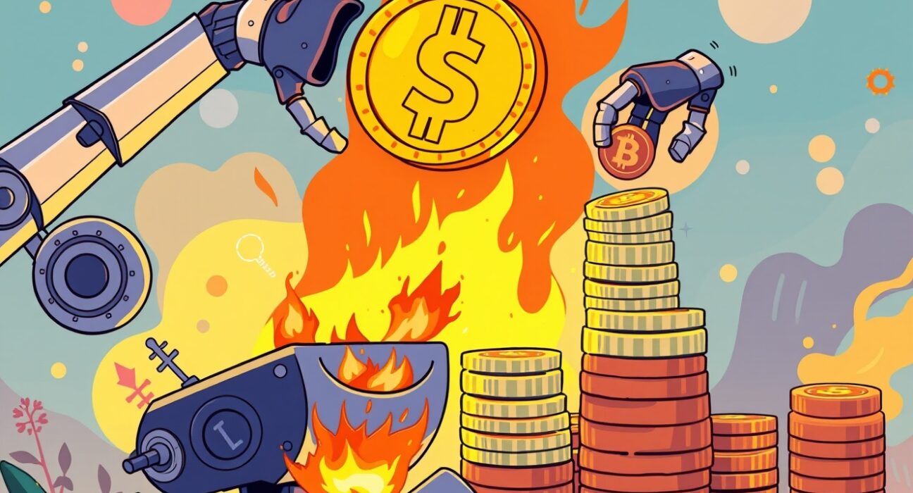 A cartoon illustrating the process of WLFI token buybacks and burns, symbolizing value growth and scarcity for the World Liberty Financial protocol.