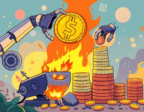 A cartoon illustrating the process of WLFI token buybacks and burns, symbolizing value growth and scarcity for the World Liberty Financial protocol.