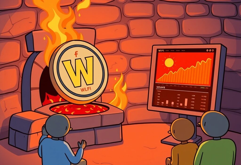 A cartoon illustration showing the strategic impact of WLFI token buybacks and burns on token value.
