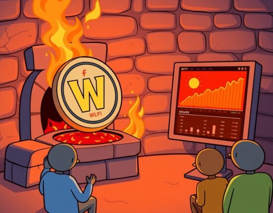 A cartoon illustration showing the strategic impact of WLFI token buybacks and burns on token value.