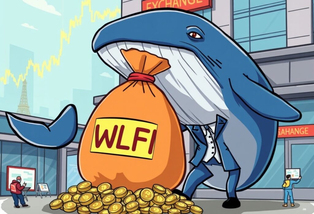 A cartoon whale making a large WLFI token deposit to an exchange, symbolizing significant market activity.