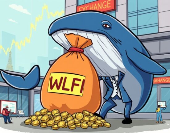 A cartoon whale making a large WLFI token deposit to an exchange, symbolizing significant market activity.