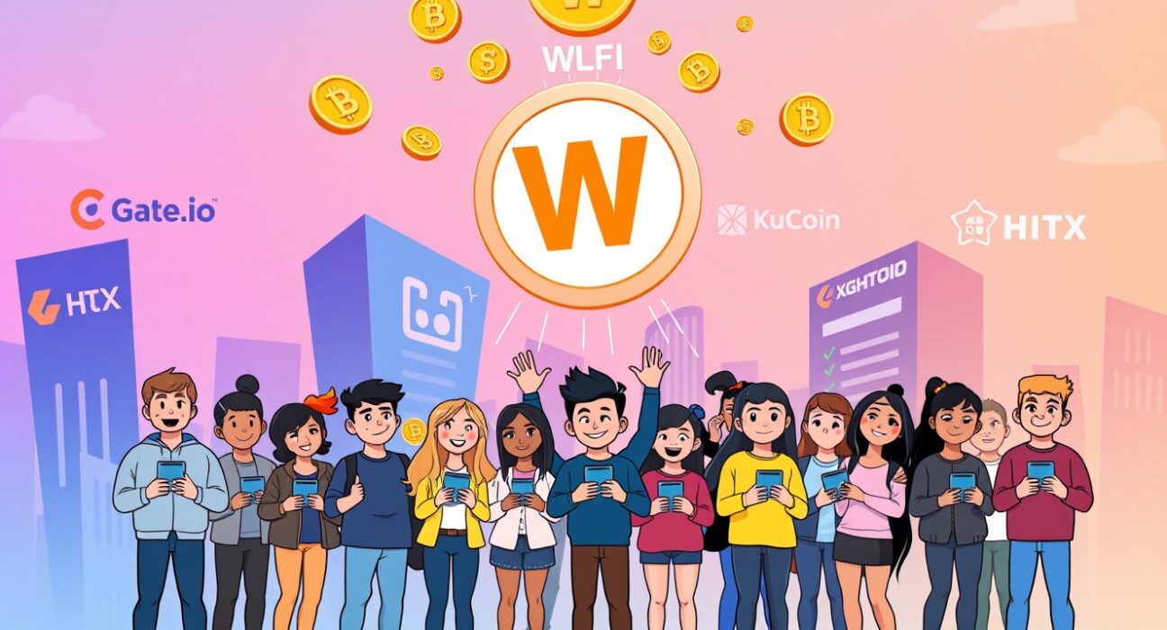 Cartoon showing WLFI token distribution as rewards to enthusiastic USD1 Point Program participants on various exchanges.