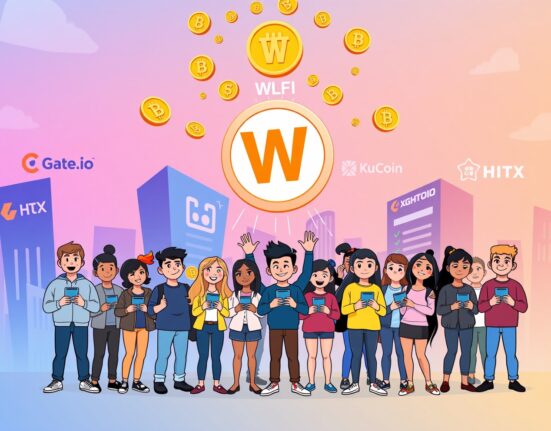 Cartoon showing WLFI token distribution as rewards to enthusiastic USD1 Point Program participants on various exchanges.