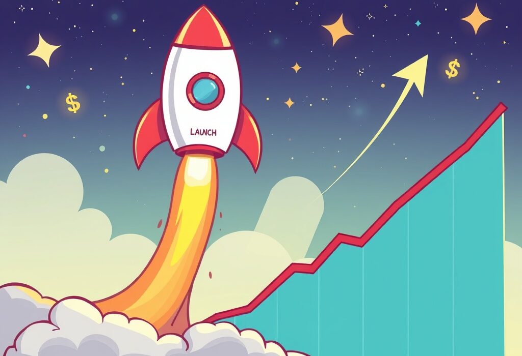 Cartoon illustration of a rocket-like WLFI token launching skyward, symbolizing its successful and rapid market surge.