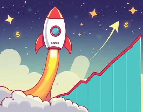 Cartoon illustration of a rocket-like WLFI token launching skyward, symbolizing its successful and rapid market surge.