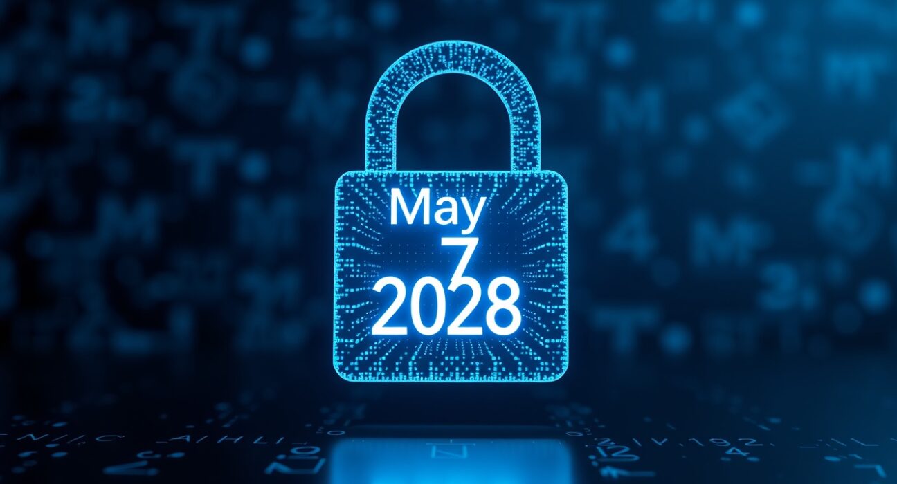 Digital blockchain lock icon partially opening with a 2028 date, representing WLFI token unlock for early investors.