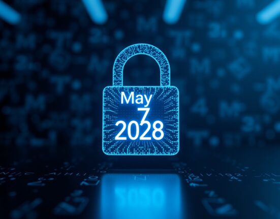 Digital blockchain lock icon partially opening with a 2028 date, representing WLFI token unlock for early investors.