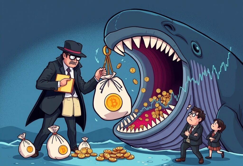 Cartoon illustrating a shadowy figure's deceptive WLFI token pump-and-dump, causing market concern among investors.