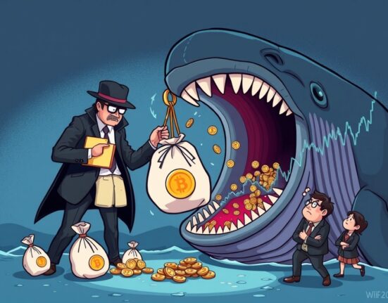 Cartoon illustrating a shadowy figure's deceptive WLFI token pump-and-dump, causing market concern among investors.