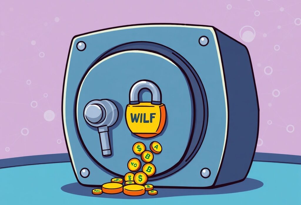 A cartoon illustration depicting a secure WLFI token transfer into a digital lockup, highlighting significant DeFi activity.