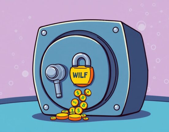 A cartoon illustration depicting a secure WLFI token transfer into a digital lockup, highlighting significant DeFi activity.