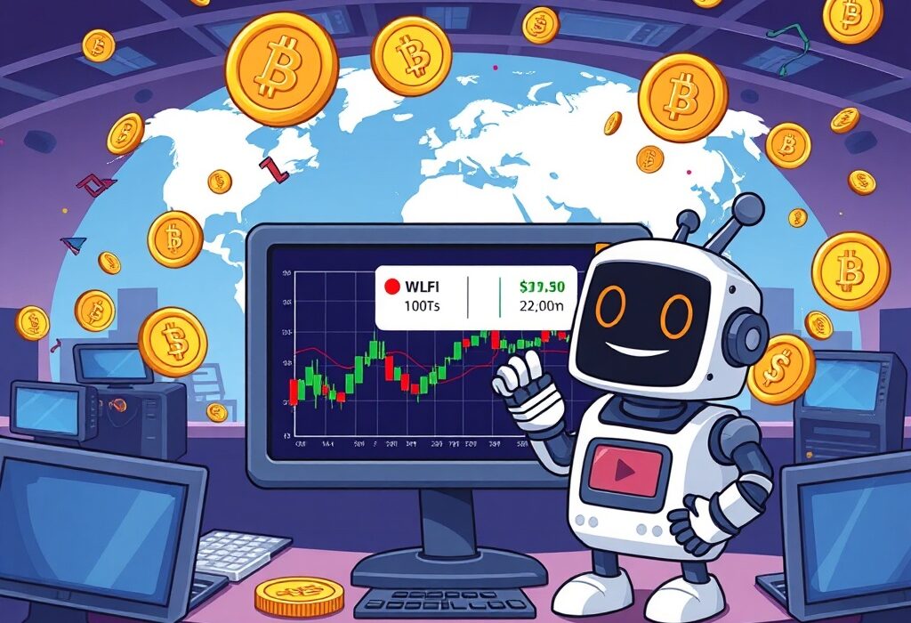 A cartoon robot on a vibrant crypto exchange screen, highlighting new WLFI trading pairs for global investors.