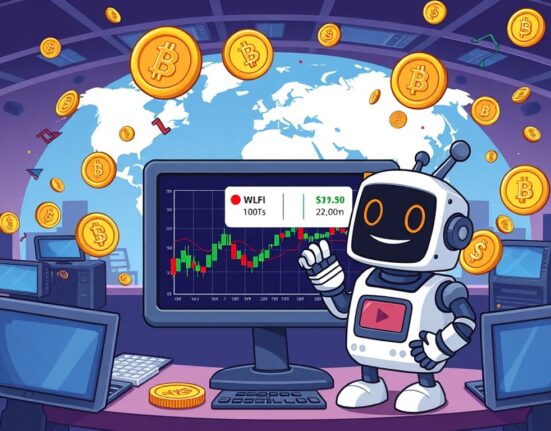 A cartoon robot on a vibrant crypto exchange screen, highlighting new WLFI trading pairs for global investors.