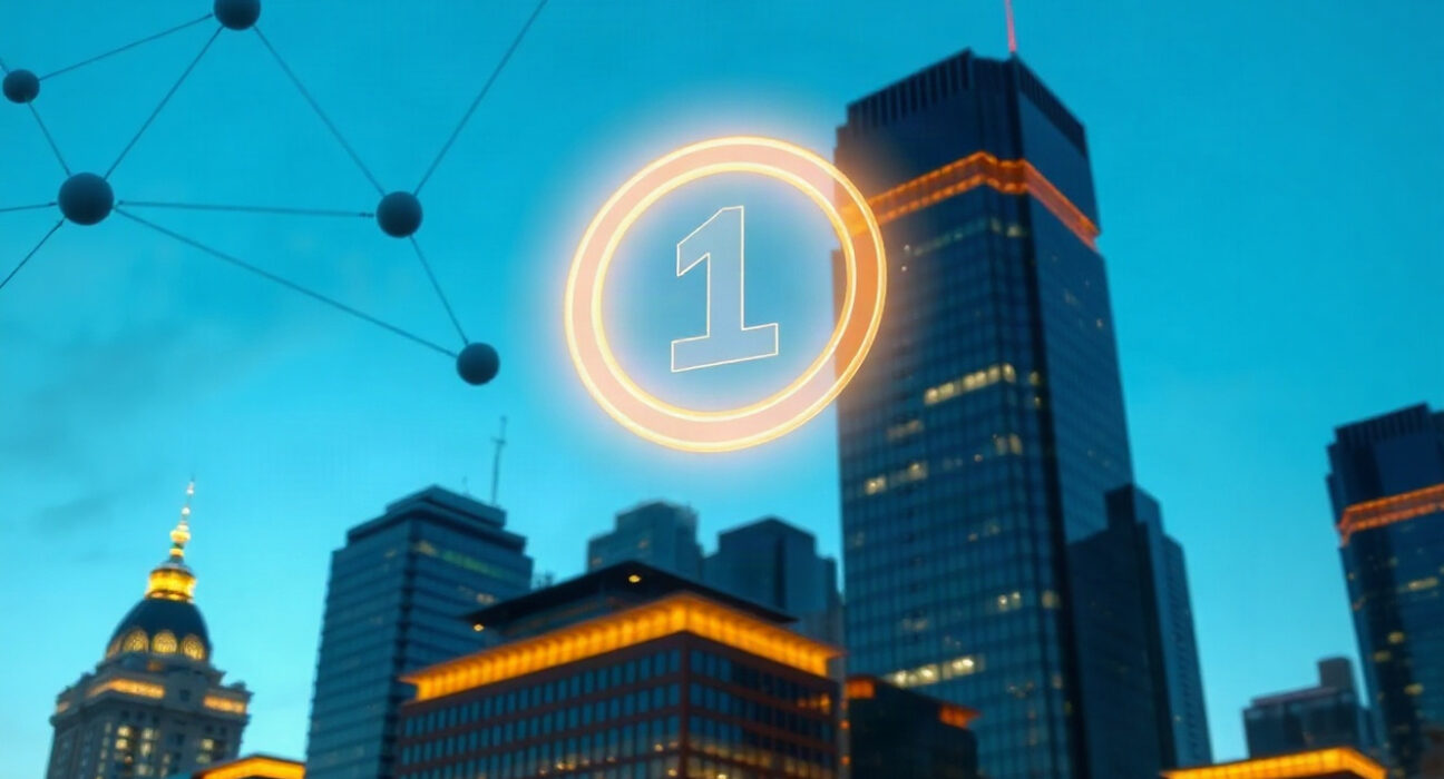 Digital stablecoin symbol over a financial district skyline at dusk, representing the launch of USD1 on Canton Network.