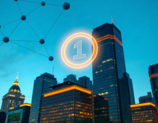 Digital stablecoin symbol over a financial district skyline at dusk, representing the launch of USD1 on Canton Network.
