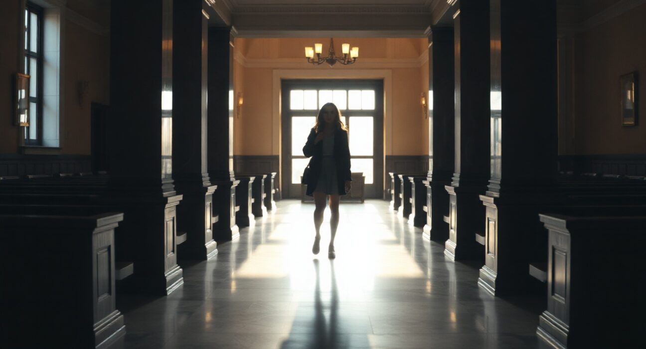Silhouette of a woman in a courthouse hallway, symbolizing a legal case against AI misuse.